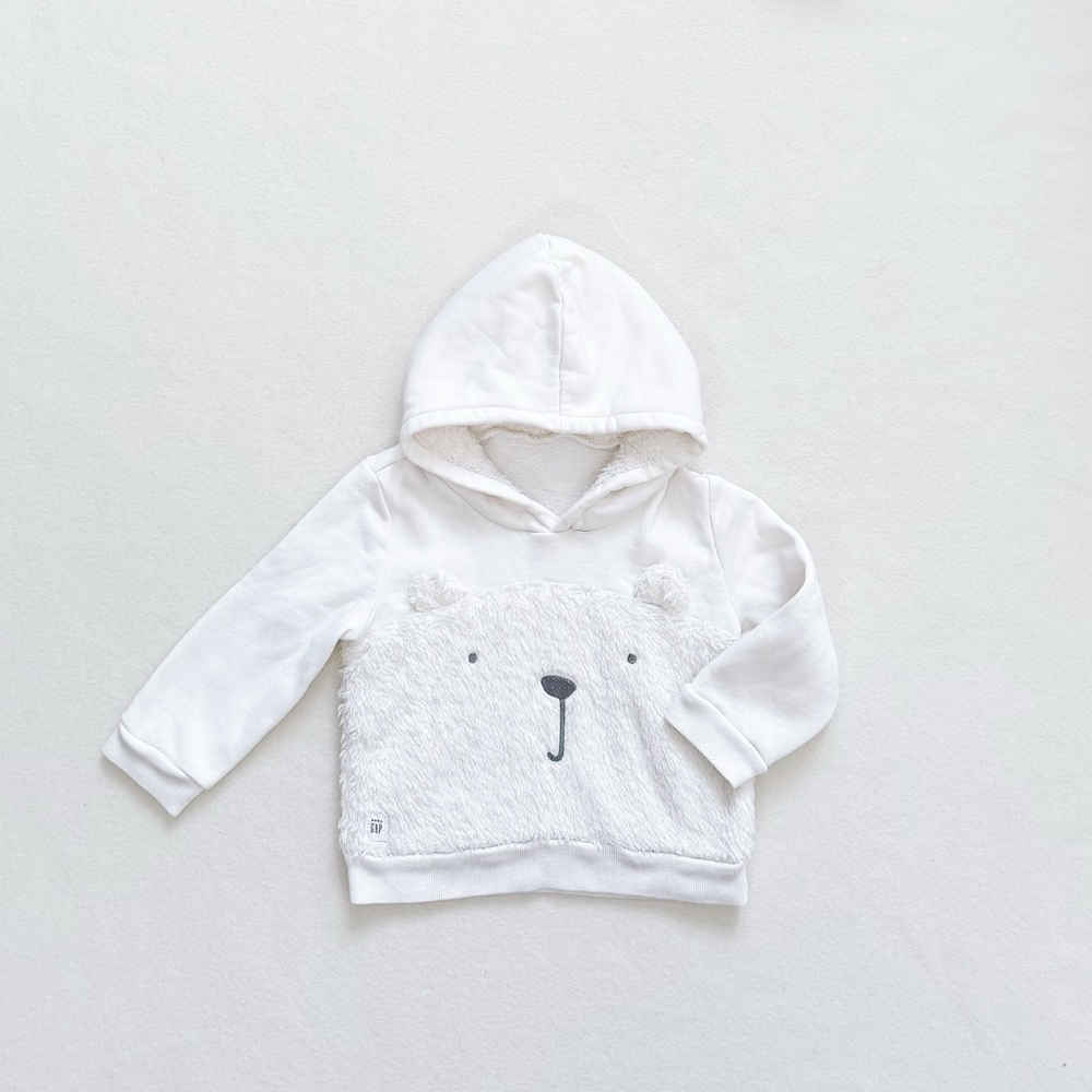 Gap Sherpa Teddy Bear Hooded Sweatshirt White Faux Fur Long Sleeve Unisex 2T